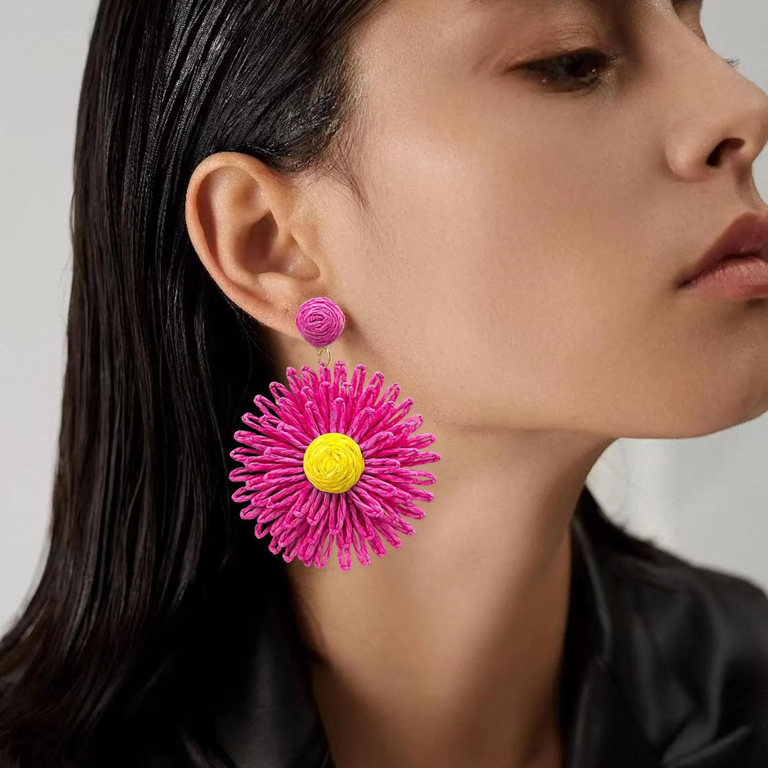 Raffia Daisy Flower Earrings Raffia Straw Wrapped Daisy Drop Dangle Earrings Summer Tropical Beach Jewelry