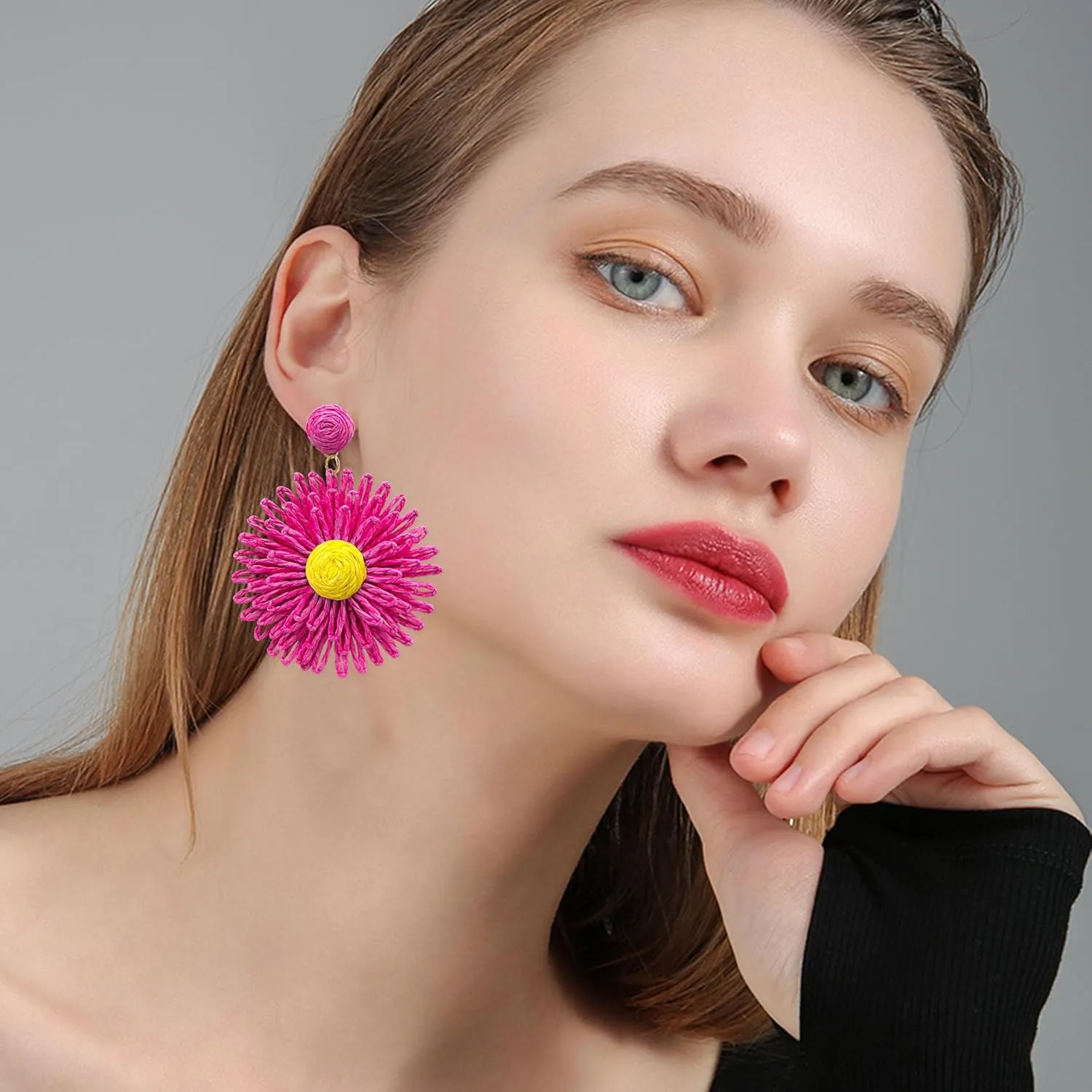 Raffia Daisy Flower Earrings Raffia Straw Wrapped Daisy Drop Dangle Earrings Summer Tropical Beach Jewelry