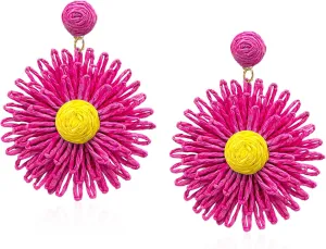 Raffia Daisy Flower Earrings Raffia Straw Wrapped Daisy Drop Dangle Earrings Summer Tropical Beach Jewelry