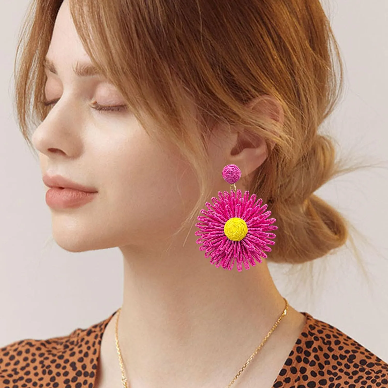 Raffia Daisy Flower Earrings Raffia Straw Wrapped Daisy Drop Dangle Earrings Summer Tropical Beach Jewelry