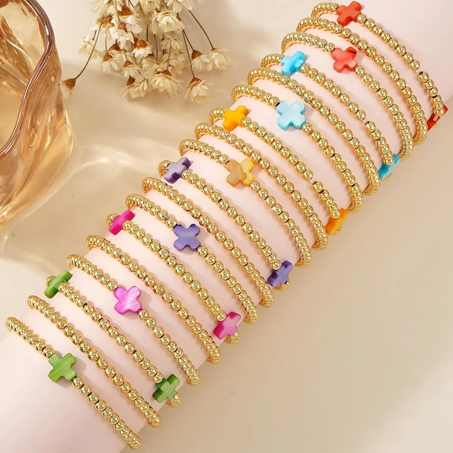 Rainbow Mom Cross Stack Bracelets Set for Women, 3Pcs Handmade Gold Beaded Stretch Bracelet Everyday Fashion Jewelry Gift.