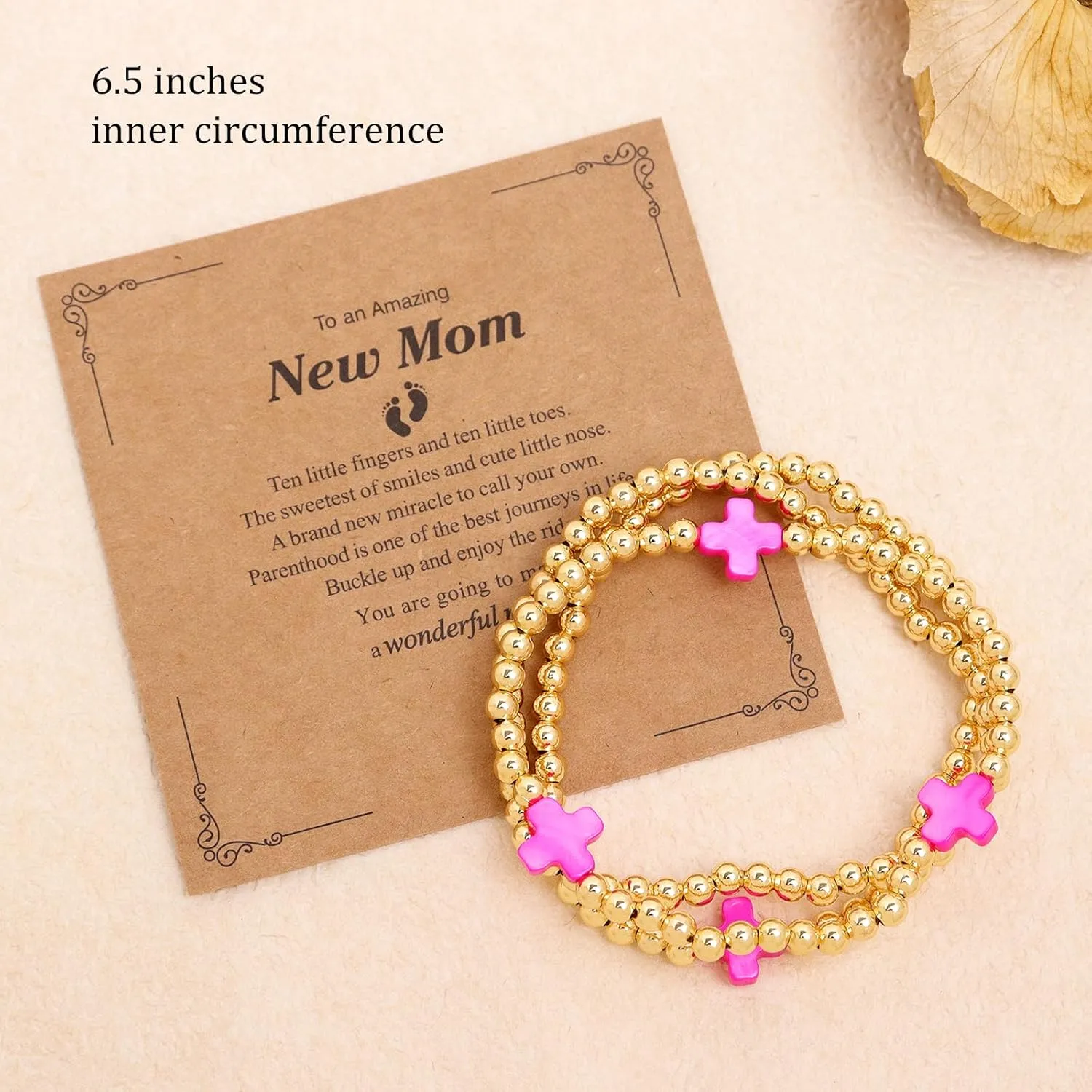 Rainbow Mom Cross Stack Bracelets Set for Women, 3Pcs Handmade Gold Beaded Stretch Bracelet Everyday Fashion Jewelry Gift.