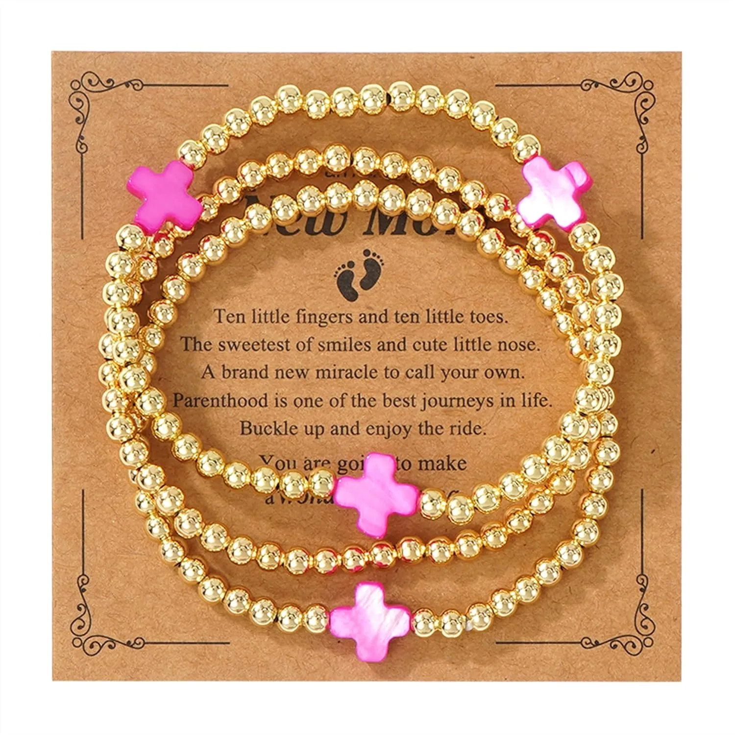 Rainbow Mom Cross Stack Bracelets Set for Women, 3Pcs Handmade Gold Beaded Stretch Bracelet Everyday Fashion Jewelry Gift.