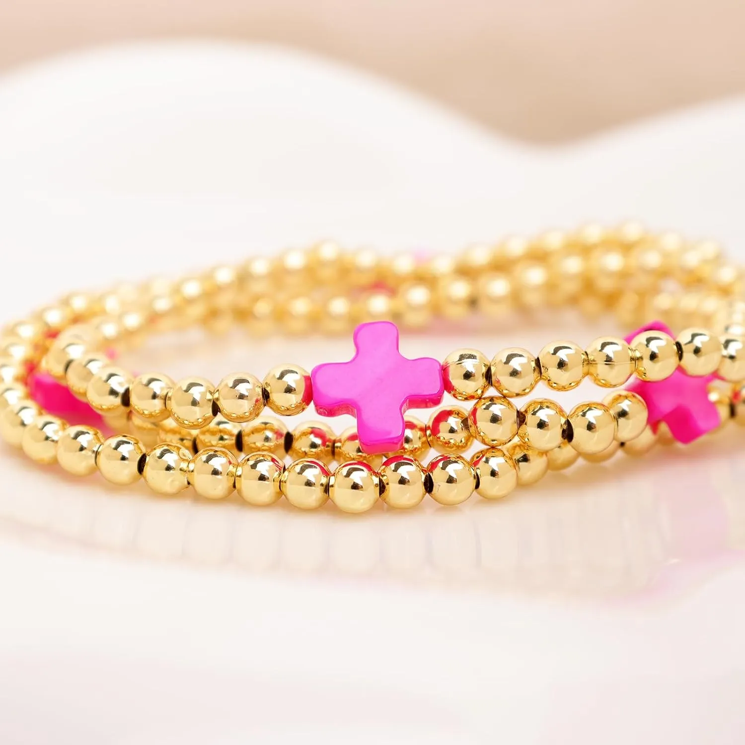 Rainbow Mom Cross Stack Bracelets Set for Women, 3Pcs Handmade Gold Beaded Stretch Bracelet Everyday Fashion Jewelry Gift.