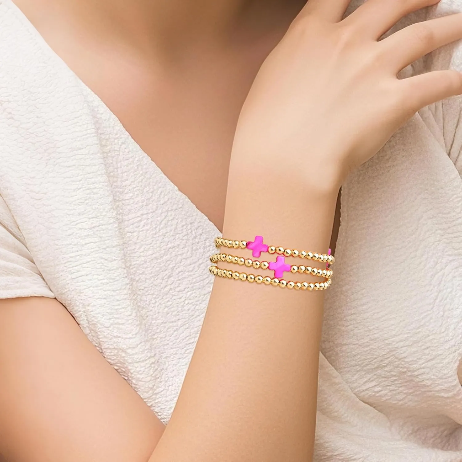 Rainbow Mom Cross Stack Bracelets Set for Women, 3Pcs Handmade Gold Beaded Stretch Bracelet Everyday Fashion Jewelry Gift.