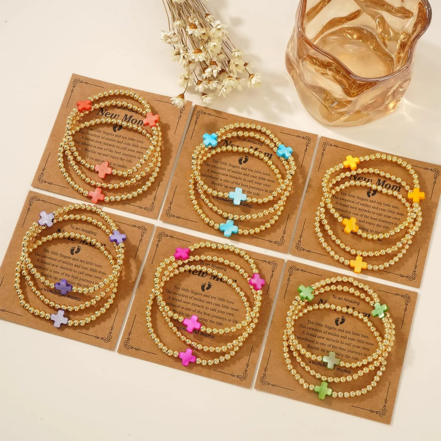 Rainbow Mom Cross Stack Bracelets Set for Women, 3Pcs Handmade Gold Beaded Stretch Bracelet Everyday Fashion Jewelry Gift.
