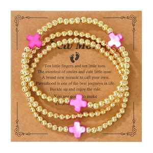 Rainbow Mom Cross Stack Bracelets Set for Women, 3Pcs Handmade Gold Beaded Stretch Bracelet Everyday Fashion Jewelry Gift.