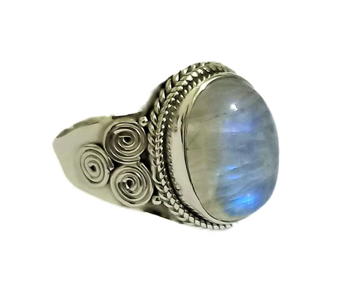 Rainbow Moonstone Ring, Oval Stone Ring, Blue Flash Moonstone ~ Gemstone Ring, June Birthstone Ring, Elegant Ring, Handmade Ring, Vintage Ring, Healing Ring, Moonstone Jewelry, Best Gifts Forever