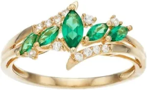 Real 925 Sterling Silver 14K Yellow Gold Plated Round & Marquise Cut White Diamond & Green Emerald Beautiful Leaf Style Engagement Ring Jewelry Gift for a Beloved Women's