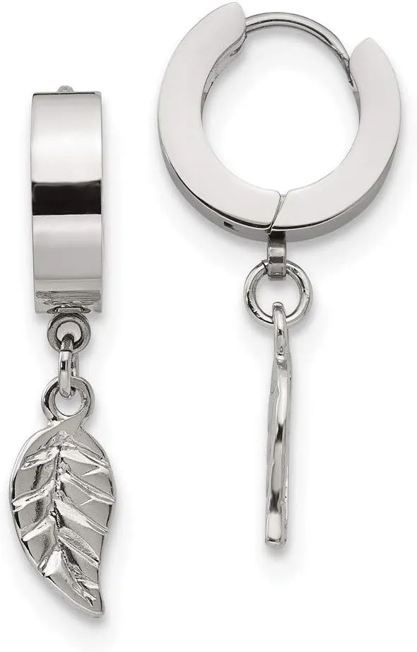 Real Stainless Steel Feather Hinged Hoop Huggie Earrings - 29mm x 4mm