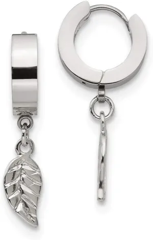 Real Stainless Steel Feather Hinged Hoop Huggie Earrings - 29mm x 4mm