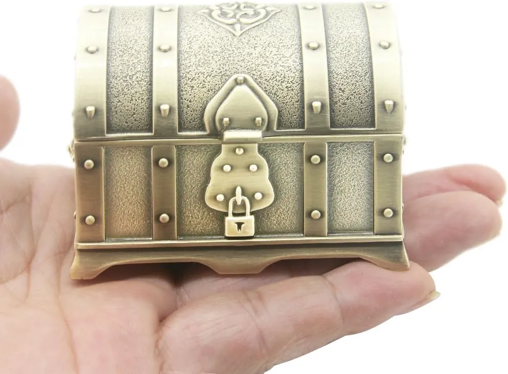 Rectangle Vintage Metal Treasure Chest Trinket Jewelry Box Gift Box Ring Case for Girls Ladies Women, Small, Bronze