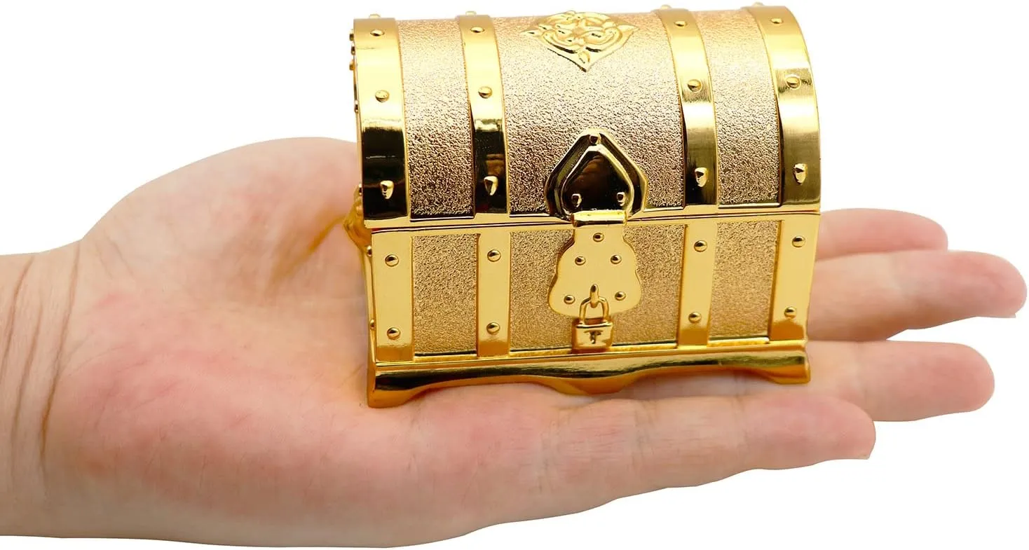Rectangle Vintage Metal Treasure Chest Trinket Jewelry Box Gift Box Ring Case for Girls Ladies Women, Small, Gold
