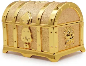 Rectangle Vintage Metal Treasure Chest Trinket Jewelry Box Gift Box Ring Case for Girls Ladies Women, Small, Gold