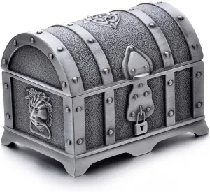 Rectangle Vintage Metal Treasure Chest Trinket Jewelry Box Gift Box Ring Case for Girls Ladies Women, Small, Tin Color