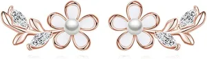 Reffeer Solid 925 Sterling Silver Flower Stud Earrings for Women Teens CZ Leaf Post Stud Earrings Pearl Flower Studs