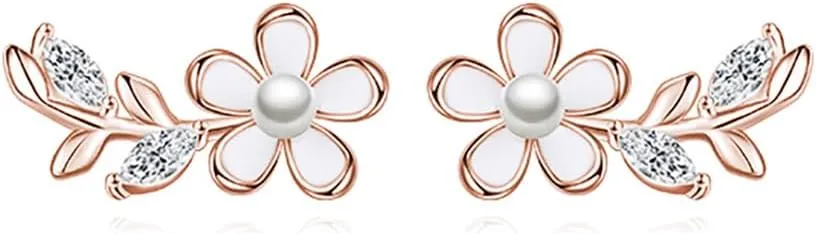 Reffeer Solid 925 Sterling Silver Flower Stud Earrings for Women Teens CZ Leaf Post Stud Earrings Pearl Flower Studs