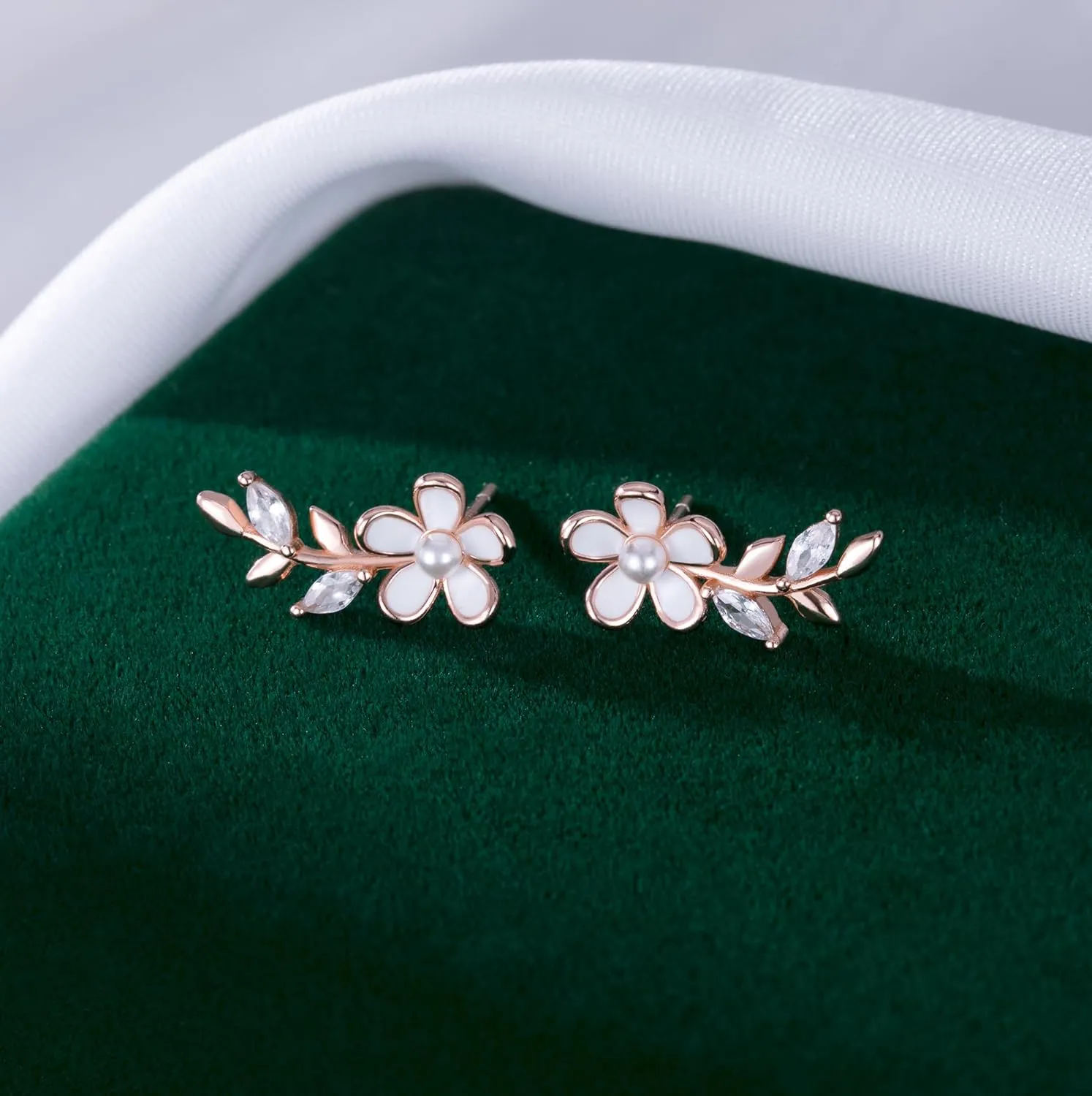 Reffeer Solid 925 Sterling Silver Flower Stud Earrings for Women Teens CZ Leaf Post Stud Earrings Pearl Flower Studs