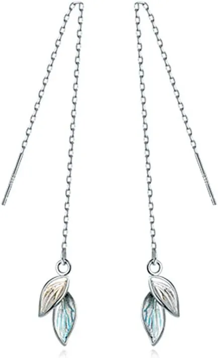 Reffeer Solid 925 Sterling Silver Leaf Chain Dangle Earrings for Women Teens Leaf Dangle Drop Earrings Threader Tassel