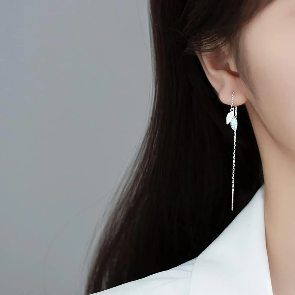 Reffeer Solid 925 Sterling Silver Leaf Chain Dangle Earrings for Women Teens Leaf Dangle Drop Earrings Threader Tassel