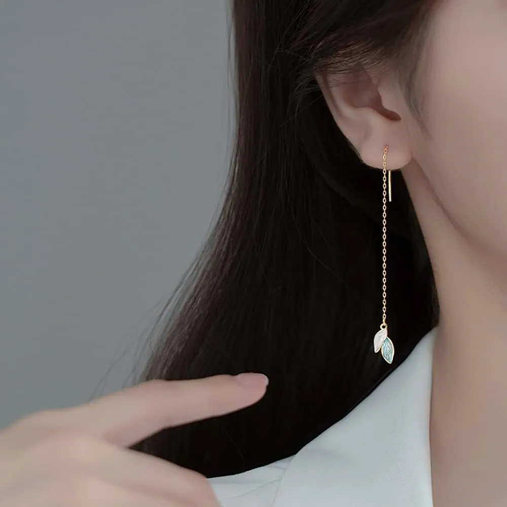 Reffeer Solid 925 Sterling Silver Leaf Chain Dangle Earrings for Women Teens Leaf Dangle Drop Earrings Threader Tassel