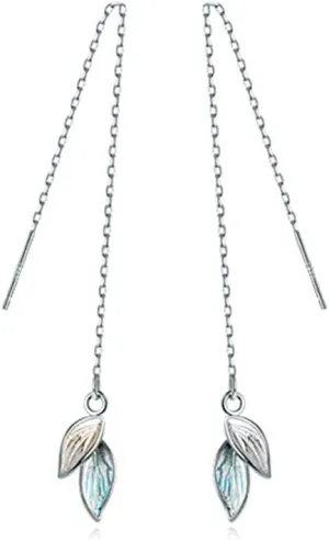 Reffeer Solid 925 Sterling Silver Leaf Chain Dangle Earrings for Women Teens Leaf Dangle Drop Earrings Threader Tassel