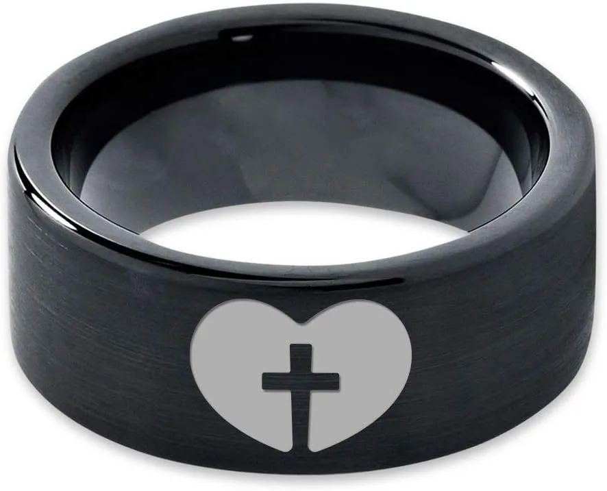 Religious Cross Heart Love Ring - Tungsten Band 8mm - Men - Women - 18k Rose Gold Step Bevel Edge - Yellow - Grey - Blue - Black - Brushed - Polished - Wedding - Gift Dome Flat