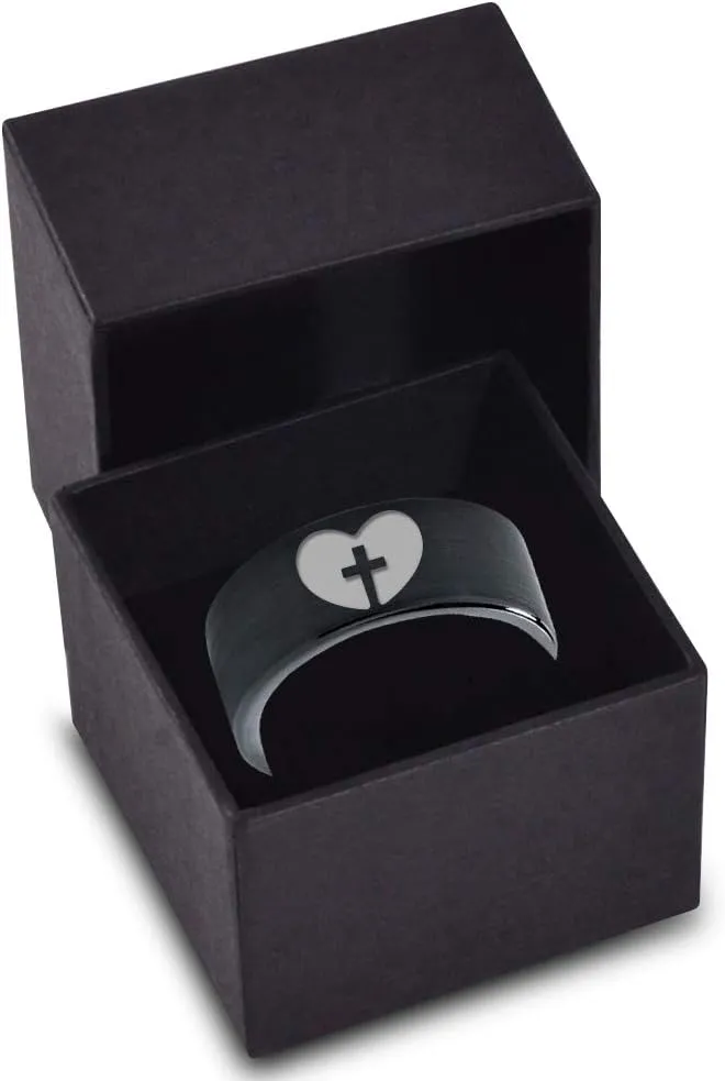 Religious Cross Heart Love Ring - Tungsten Band 8mm - Men - Women - 18k Rose Gold Step Bevel Edge - Yellow - Grey - Blue - Black - Brushed - Polished - Wedding - Gift Dome Flat