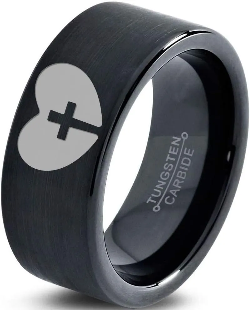 Religious Cross Heart Love Ring - Tungsten Band 8mm - Men - Women - 18k Rose Gold Step Bevel Edge - Yellow - Grey - Blue - Black - Brushed - Polished - Wedding - Gift Dome Flat