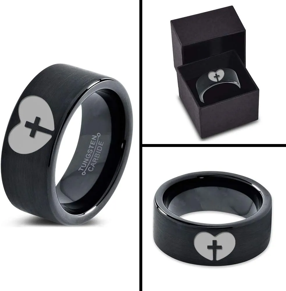 Religious Cross Heart Love Ring - Tungsten Band 8mm - Men - Women - 18k Rose Gold Step Bevel Edge - Yellow - Grey - Blue - Black - Brushed - Polished - Wedding - Gift Dome Flat