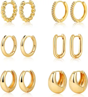 Relipop Small Gold Hoop Earrings Set for Women, Dainty 14K Gold Plated Lightweight Twisted Huggie Hoop Earring Sets for Multiple Piercing, Hypoallergenic Chunky Earrings Cute Trendy Jewelry Gifts