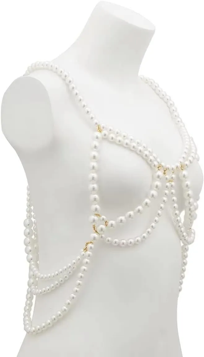 Resort Imitation Pearl Bra Chain Nightclub Performance Sexy Bikini Body Chain for Women Jewelry