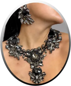 Rhinestone Black Necklace and Earring Set Geometric Crystal Formal Prom Costume Jewelry for Women Evening Wear