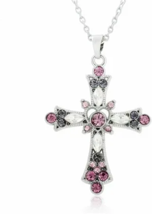 Rhinestone Cross Pendant Necklace for Women Men Bohemian Faith Cross Colorful Chic Crystal Cubic Zirconia Religious Silver Chain Necklace for Punk Style Christian Birthday Christmas Party Fashion Jewelry Gifts