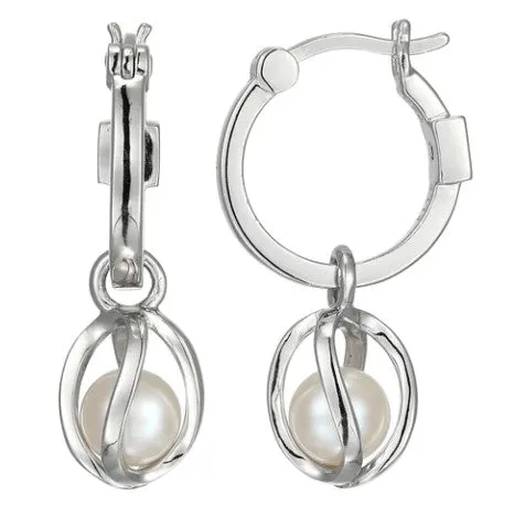 Rhodium Plated Sterling Silver ELLE "Luna" Pearl Drop Hoops 15mm