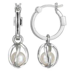Rhodium Plated Sterling Silver ELLE "Luna" Pearl Drop Hoops 15mm