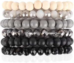RIAH FASHION Bohemian Multi-Layer Beaded Stacking Statement Bracelets - Versatile Stretch Strand Wood Beads Wrap Slip-on Cuff Bangle Set