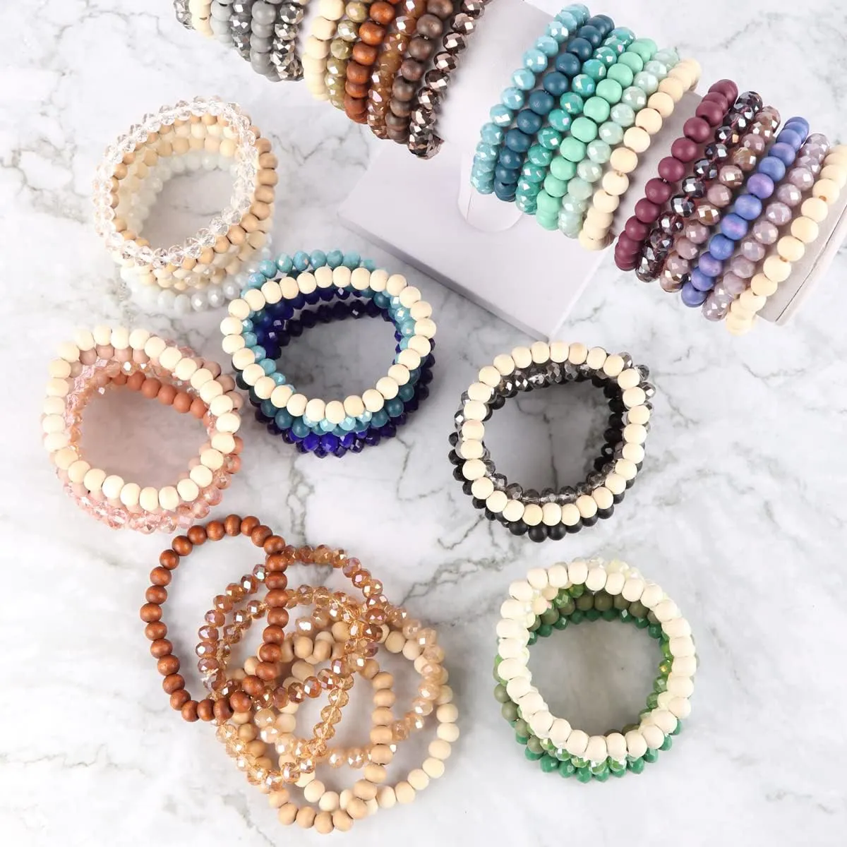 RIAH FASHION Bohemian Multi-Layer Beaded Stacking Statement Bracelets - Versatile Stretch Strand Wood Beads Wrap Slip-on Cuff Bangle Set