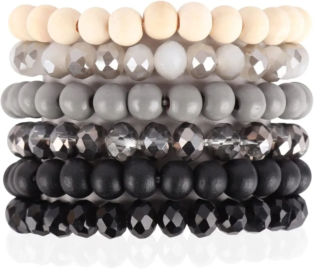 RIAH FASHION Bohemian Multi-Layer Beaded Stacking Statement Bracelets - Versatile Stretch Strand Wood Beads Wrap Slip-on Cuff Bangle Set