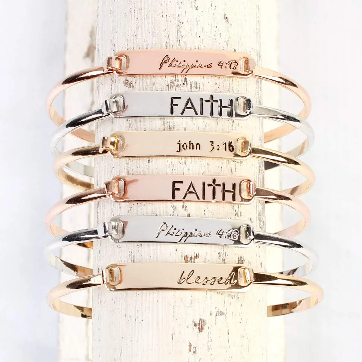 RIAH FASHION Inspirational Message Quote Engraved Bar Metallic Tag Bracelet - Lettering Cuff Bangle Christian Bible Religious, Amazing Grace, Blessed, Faith Prayer