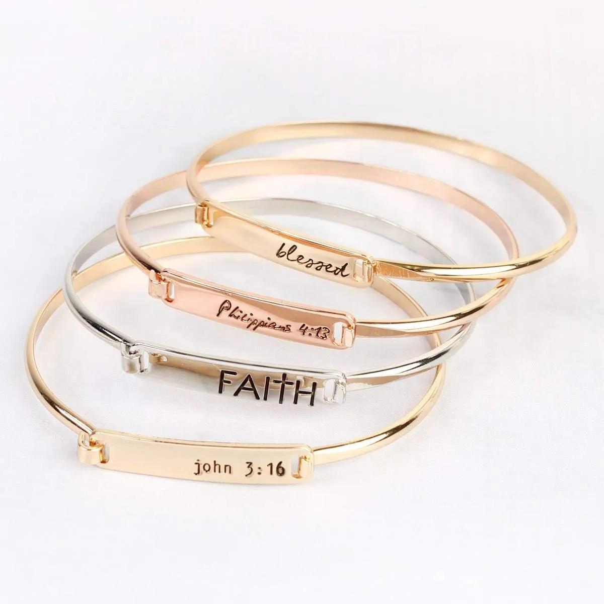 RIAH FASHION Inspirational Message Quote Engraved Bar Metallic Tag Bracelet - Lettering Cuff Bangle Christian Bible Religious, Amazing Grace, Blessed, Faith Prayer