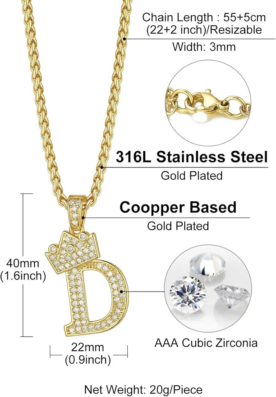 Richsteel Initial Necklace for Men A-Z 18K Gold Plated Crown Shiny Cubic Zirconia Monogram Pendant for Women Fashion Jewelry