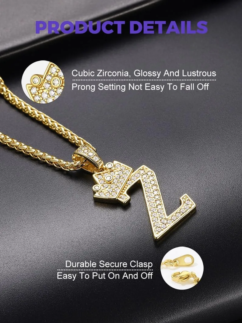 Richsteel Initial Necklace for Men A-Z 18K Gold Plated Crown Shiny Cubic Zirconia Monogram Pendant for Women Fashion Jewelry