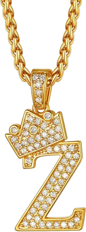 Richsteel Initial Necklace for Men A-Z 18K Gold Plated Crown Shiny Cubic Zirconia Monogram Pendant for Women Fashion Jewelry