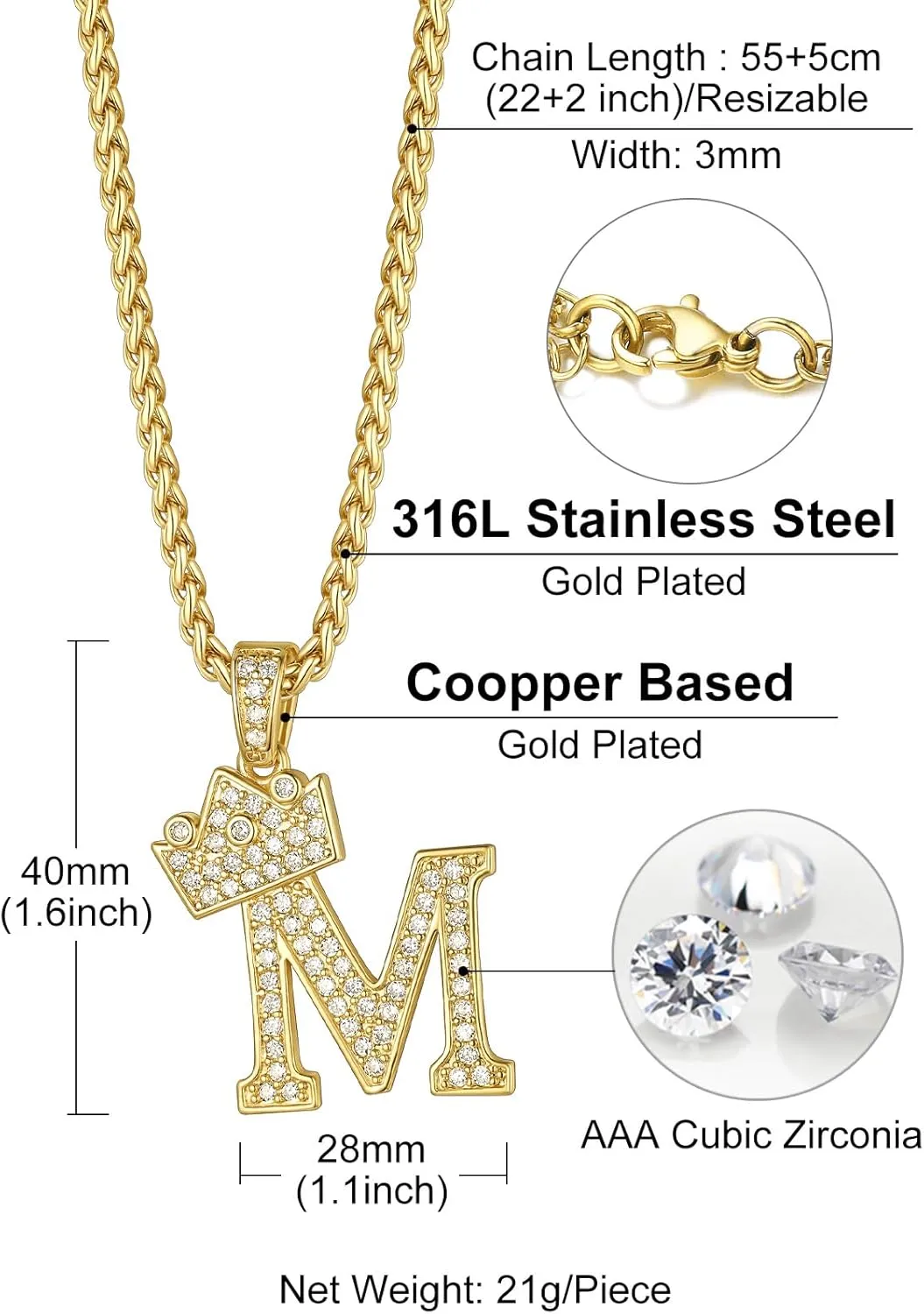 Richsteel Initial Necklace for Men A-Z 18K Gold Plated Crown Shiny Cubic Zirconia Monogram Pendant for Women Fashion Jewelry