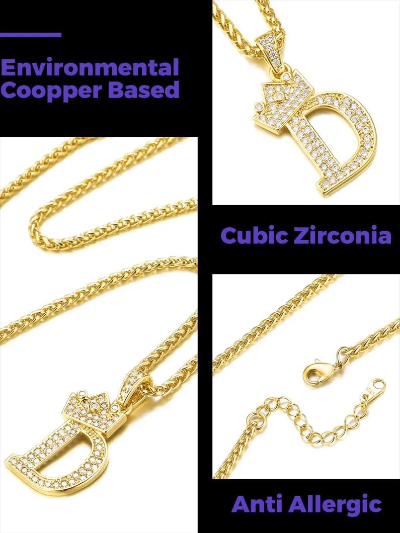 Richsteel Initial Necklace for Men A-Z 18K Gold Plated Crown Shiny Cubic Zirconia Monogram Pendant for Women Fashion Jewelry