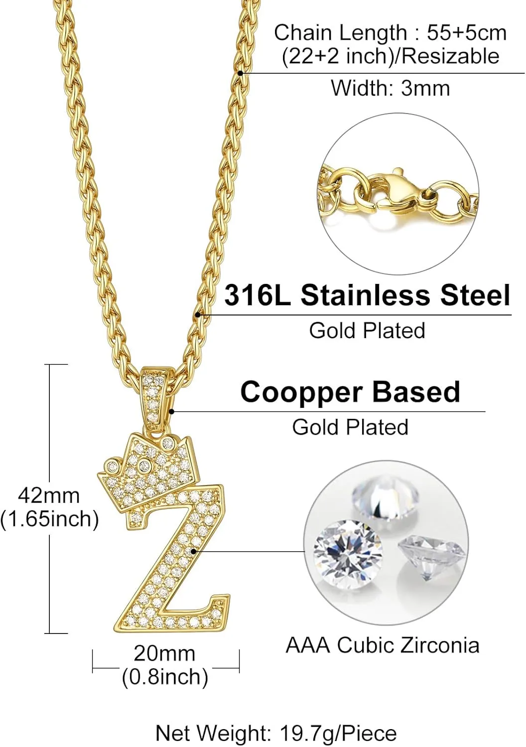 Richsteel Initial Necklace for Men A-Z 18K Gold Plated Crown Shiny Cubic Zirconia Monogram Pendant for Women Fashion Jewelry