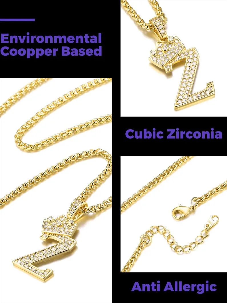 Richsteel Initial Necklace for Men A-Z 18K Gold Plated Crown Shiny Cubic Zirconia Monogram Pendant for Women Fashion Jewelry