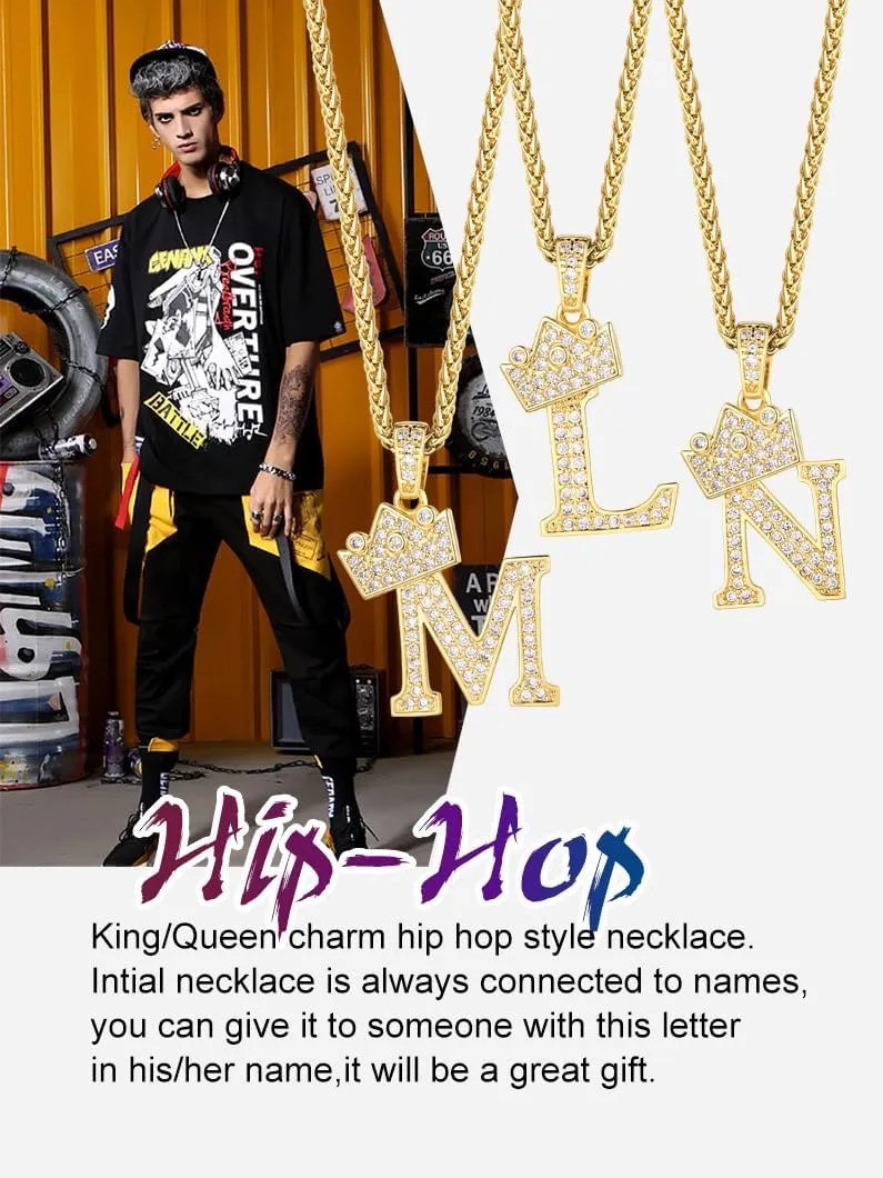 Richsteel Initial Necklace for Men A-Z 18K Gold Plated Crown Shiny Cubic Zirconia Monogram Pendant for Women Fashion Jewelry
