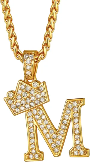 Richsteel Initial Necklace for Men A-Z 18K Gold Plated Crown Shiny Cubic Zirconia Monogram Pendant for Women Fashion Jewelry